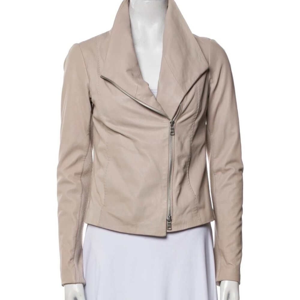 Vince Neutral Dusty Rose Leather Asymmetrical Biker Jacket Size Small